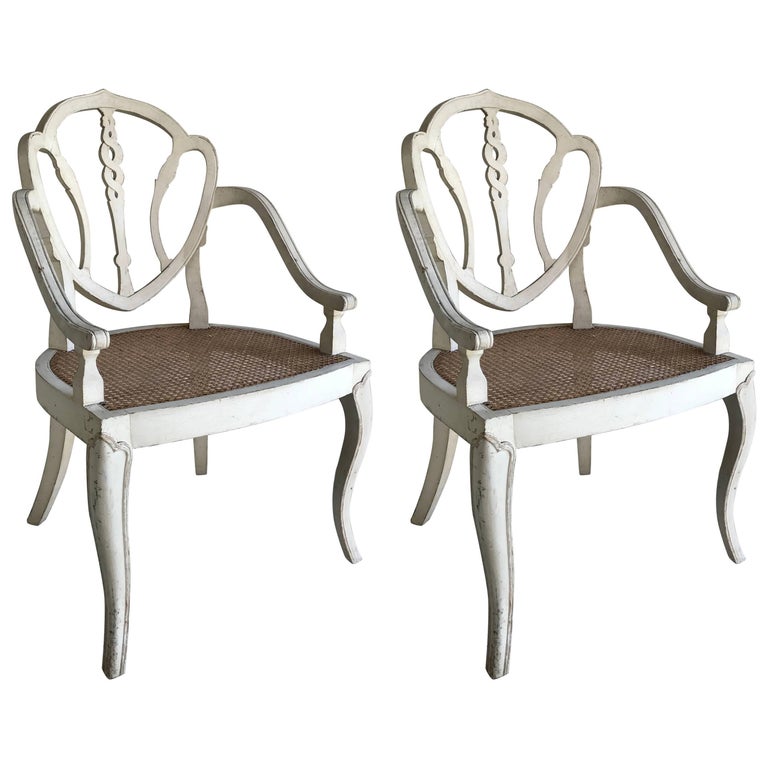 Pair of White Washed Armchairs with Cane Seating For Sale at 1stDibs