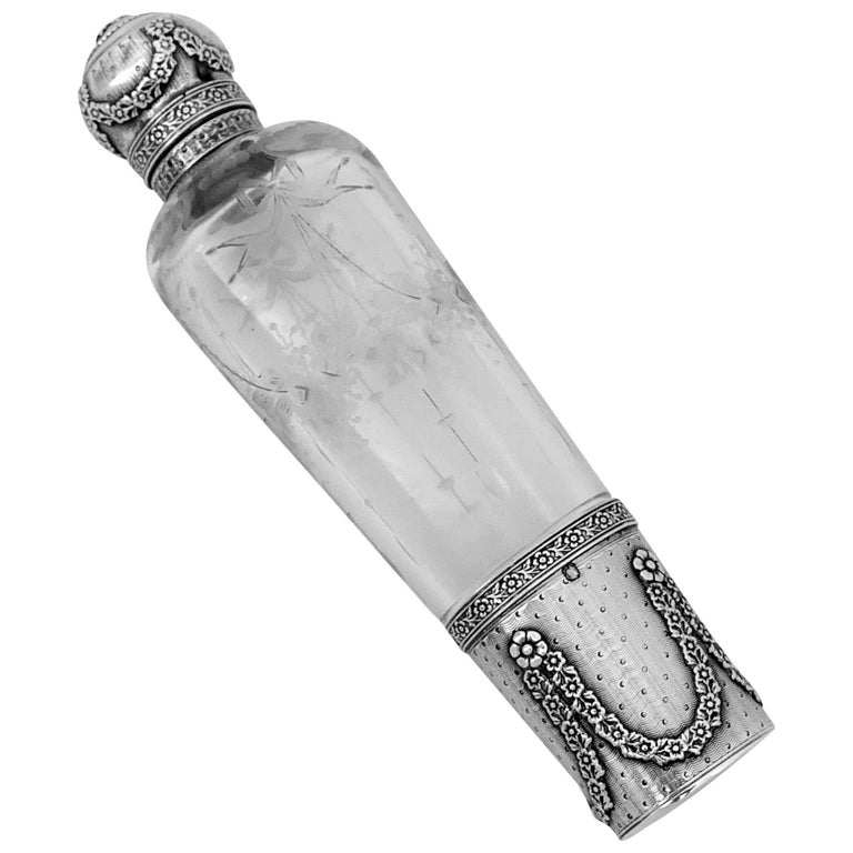 French Sterling Silver 18k Gold Glass Engraved Opera/Travel Liquor Hip