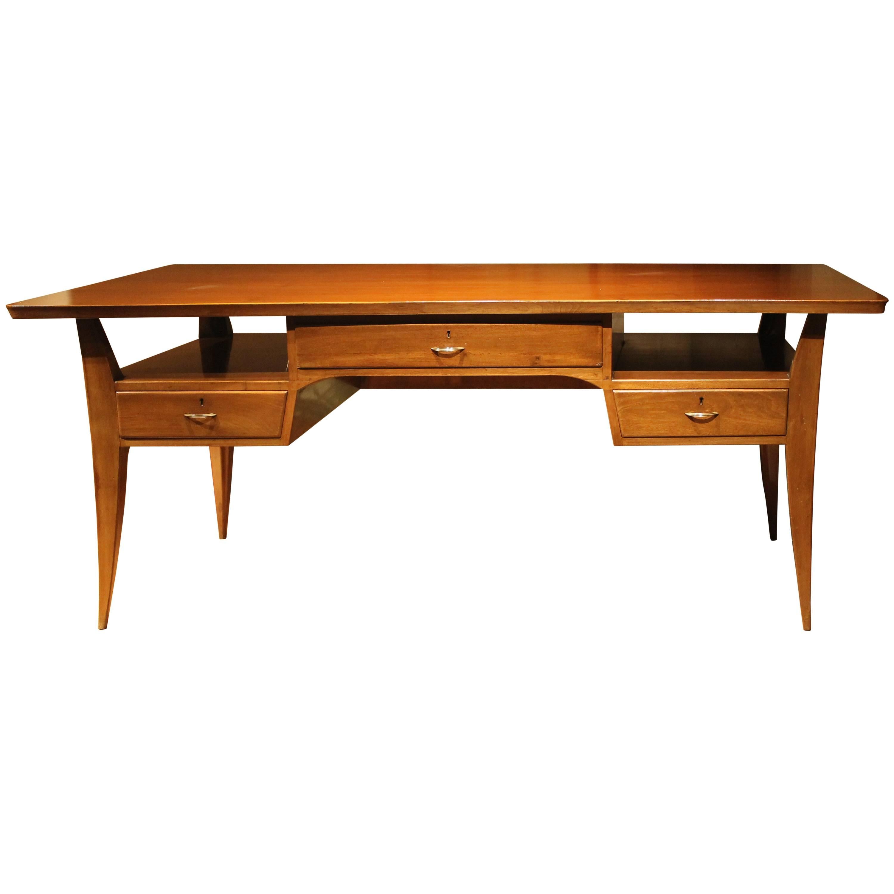 Art Deco French Mahogany Writing Table with Curved Legs and Gilt Bronze Handles