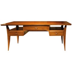 Art Deco French Mahogany Writing Table with Curved Legs and Gilt Bronze Handles
