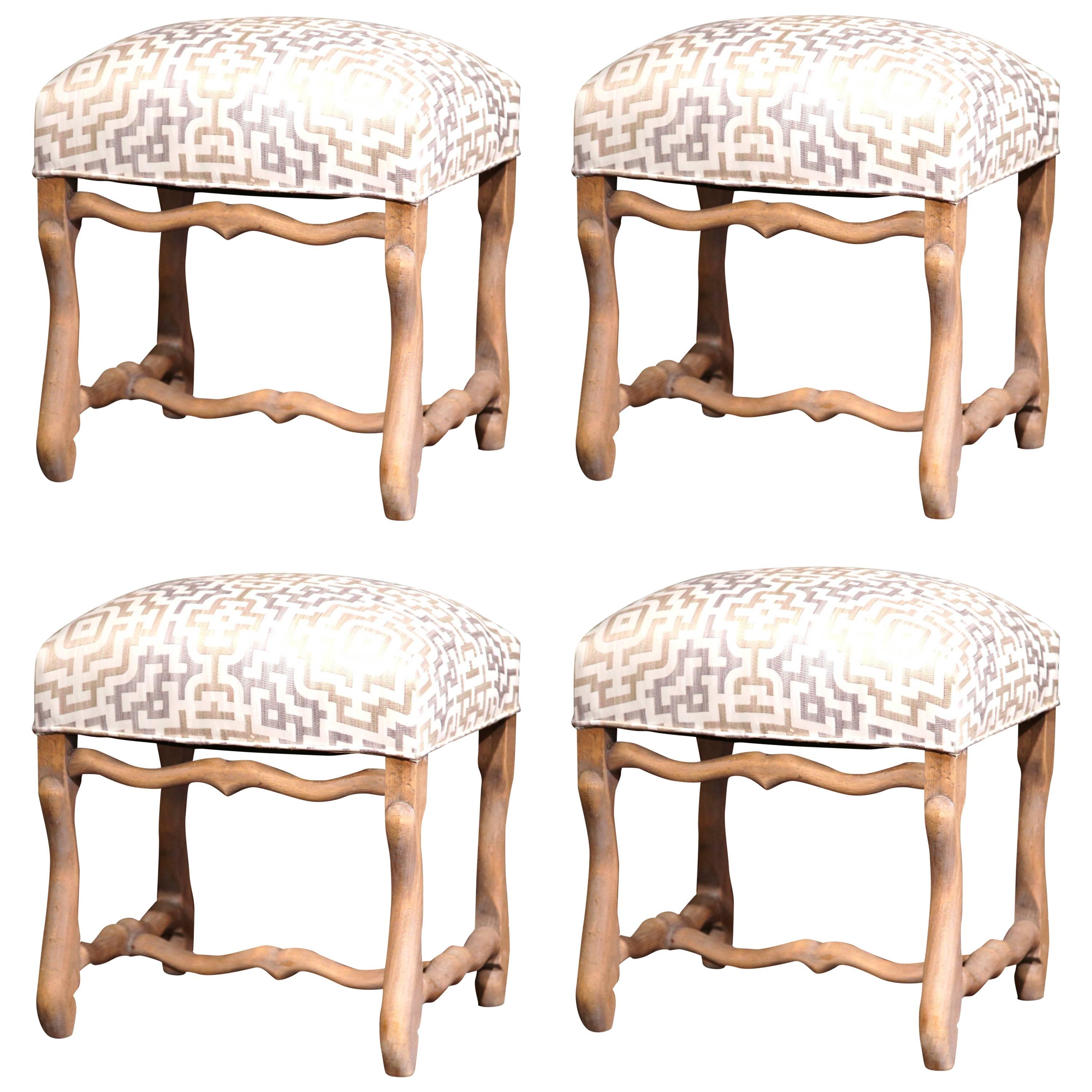 Set of Four 19th Century French Louis XIII Carved Stools with Whitewash Finish