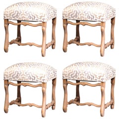 Antique Set of Four 19th Century French Louis XIII Carved Stools with Whitewash Finish