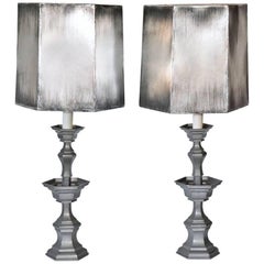 Retro Pair of Pewter Candlestick Lamps with Silver Shades