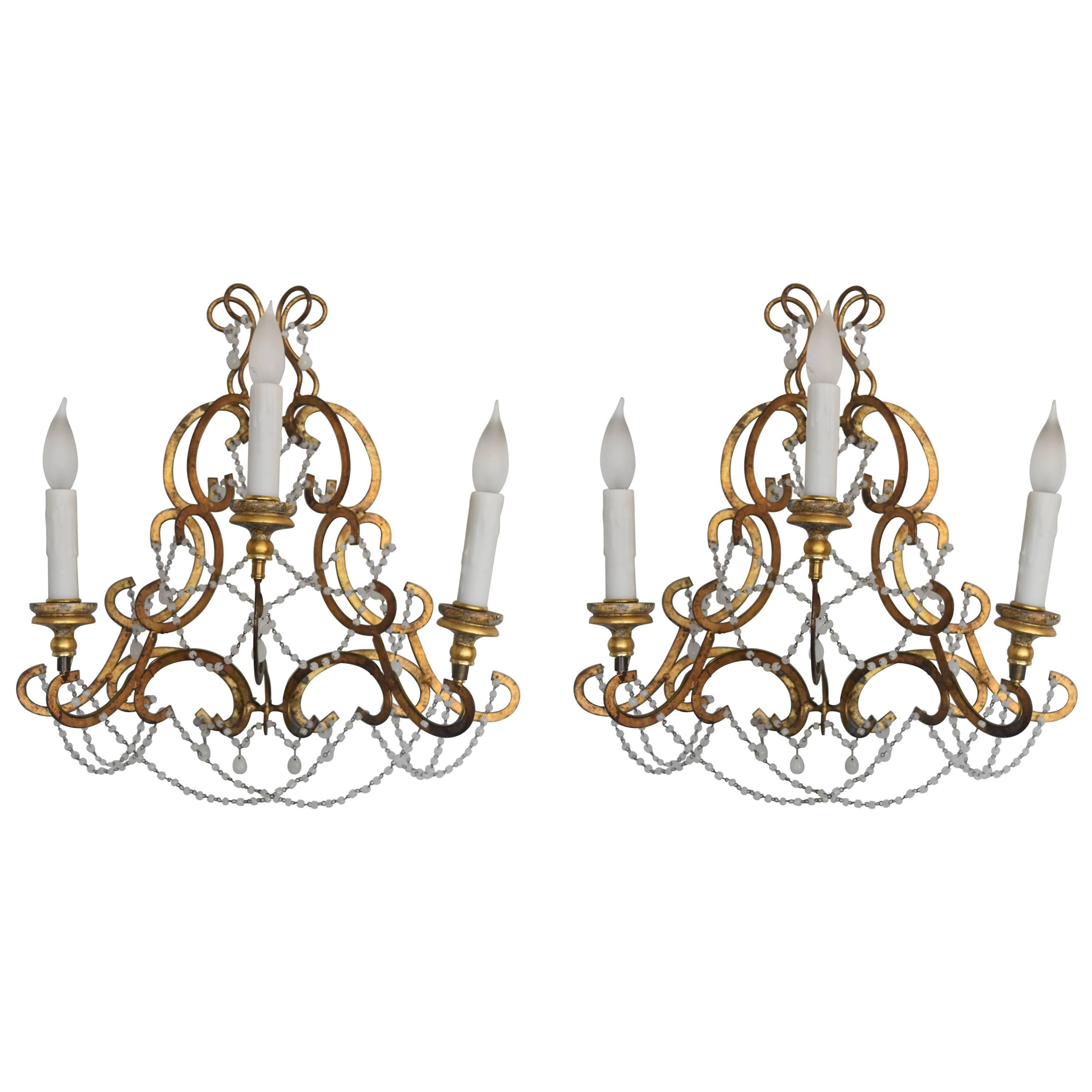 Italian Vintage Gold Gilt Metal Sconces with Gold Bobeches and Murano White Bead For Sale