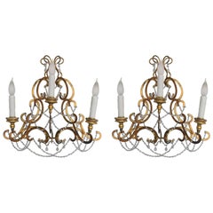 Italian Retro Gold Gilt Metal Sconces with Gold Bobeches and Murano White Bead