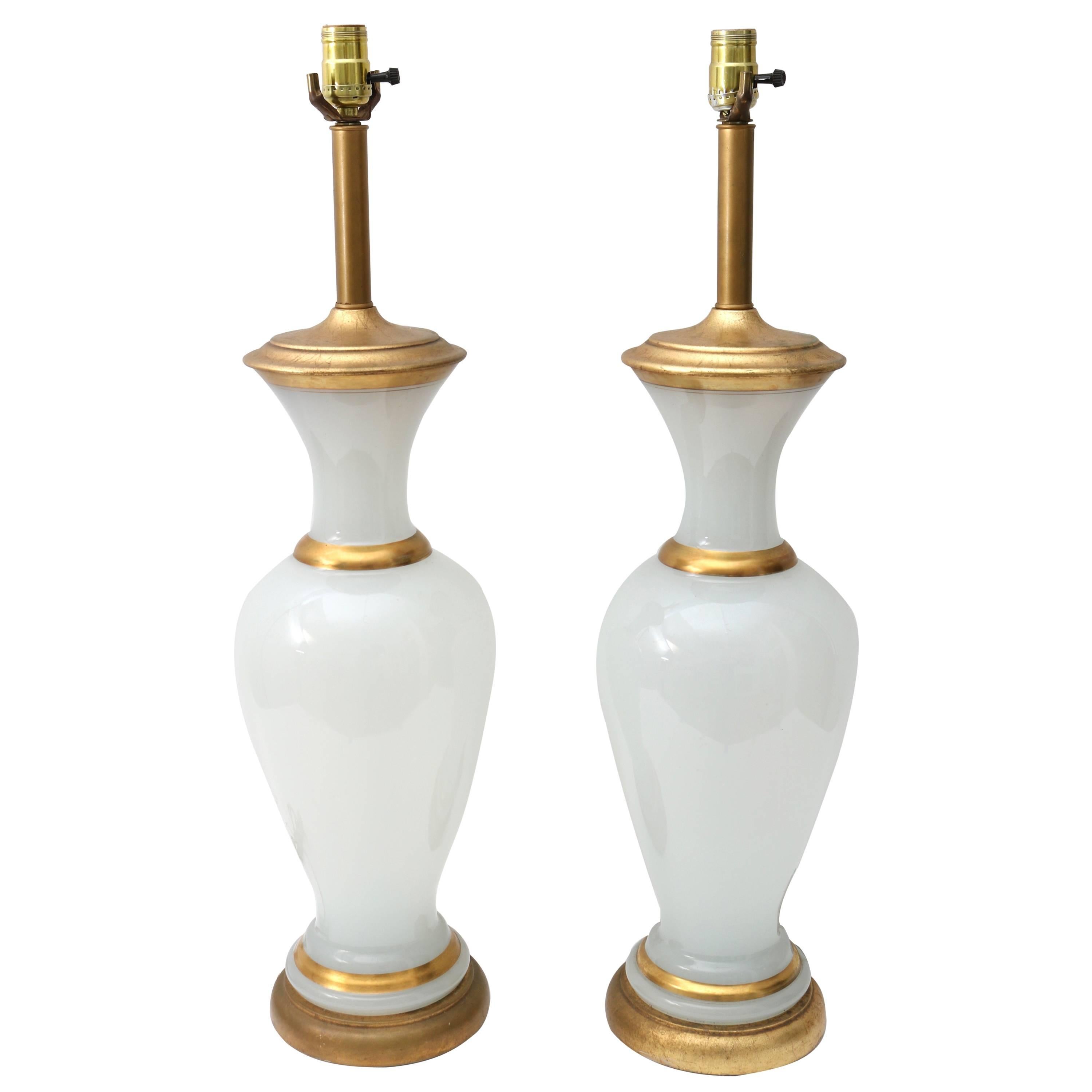 Pair of Table Lamps in Opaline Glass For Sale