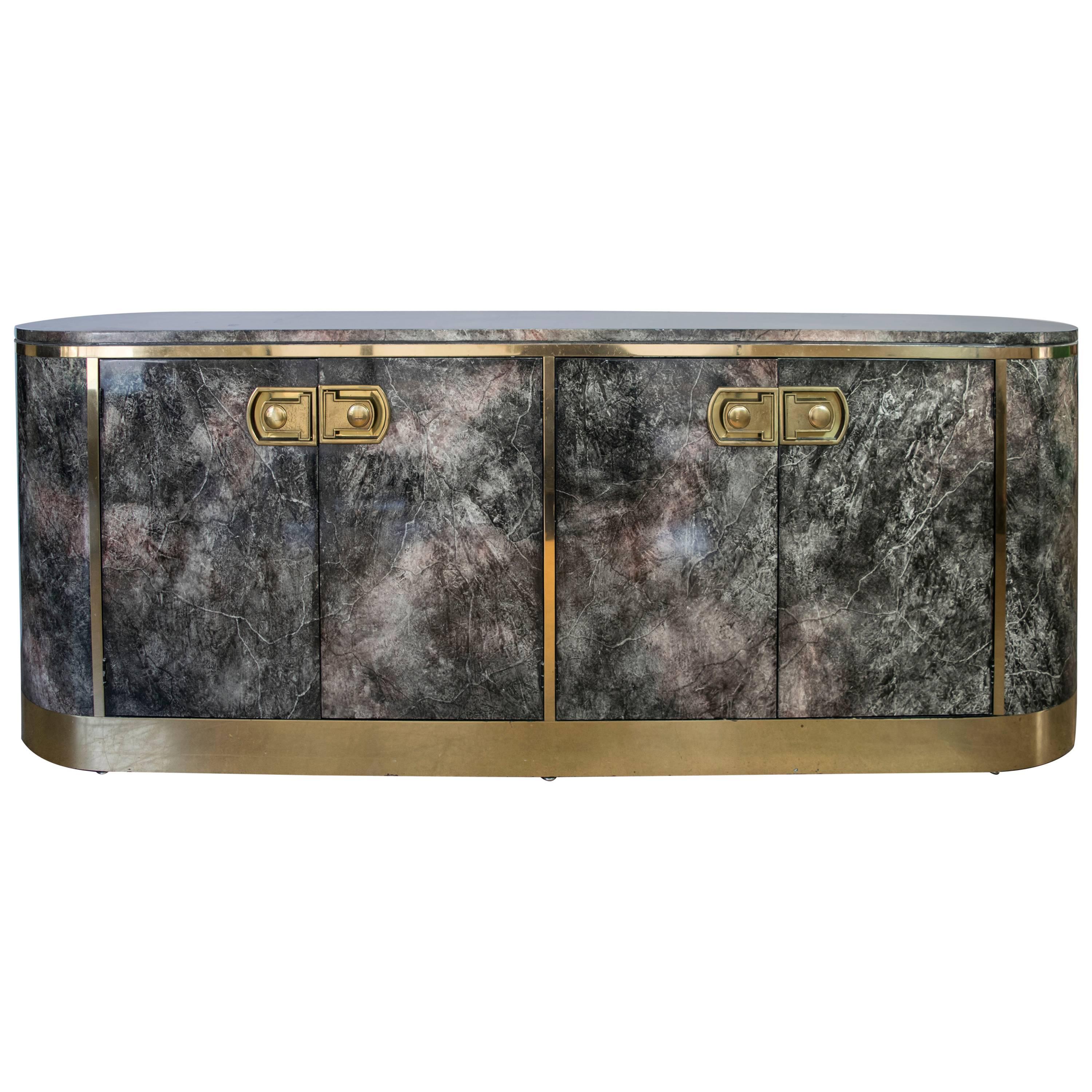 Mastercraft Lacquer Painted Malachite and Brass Credenza For Sale