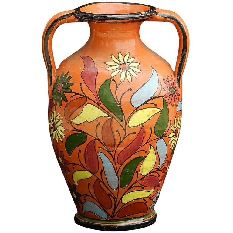 MidCentury Terracotta Pot 1960s French Floral HandPainted Glazed