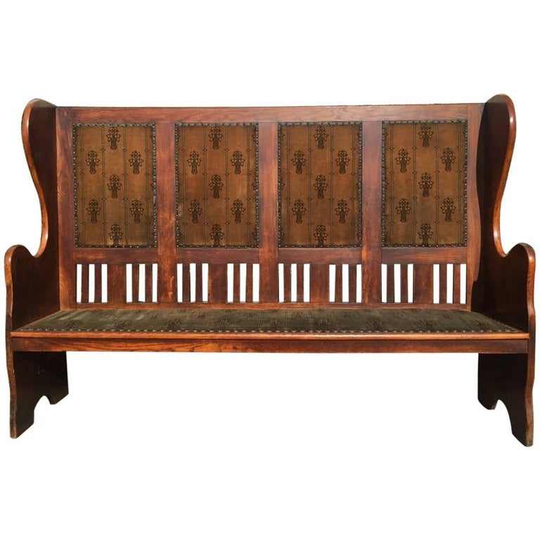 Rare Arts and Crafts Glasgow School Oak Settle with Stunning Original