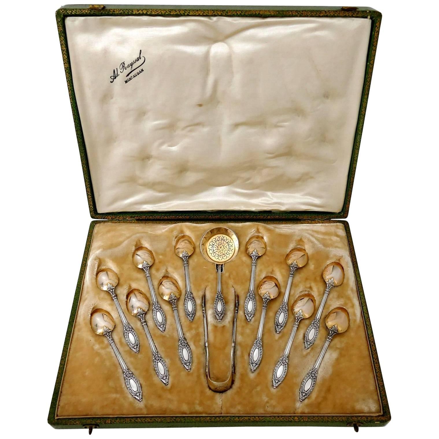 French Sterling Silver 18-Karat Gold Tea Service Tea Spoons Strainer Sugar Tong For Sale