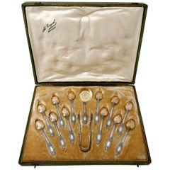 Antique French Sterling Silver 18-Karat Gold Tea Service Tea Spoons Strainer Sugar Tong