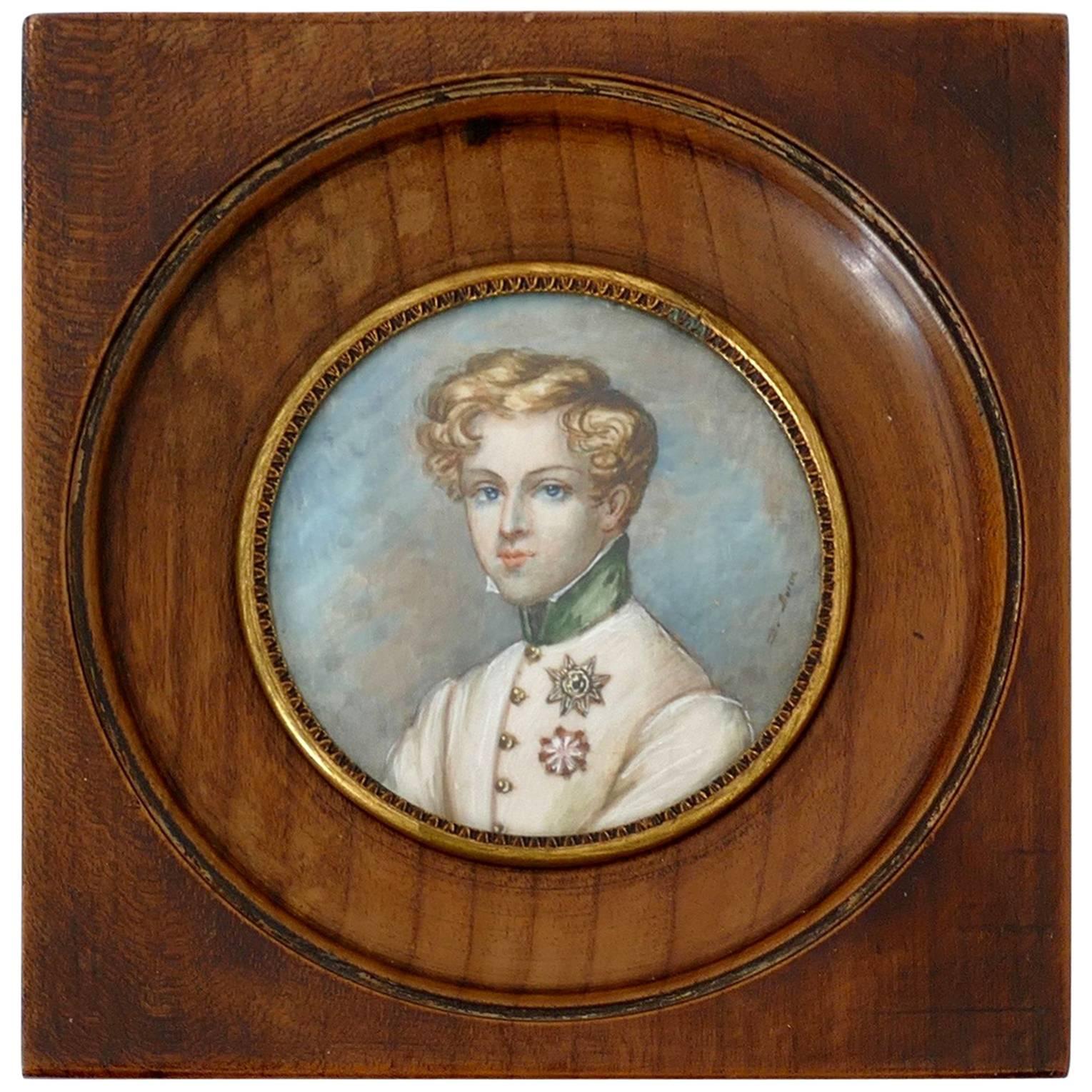 Antique French Miniature Painting Signed, Portrait Napoleon Bonaparte's Son