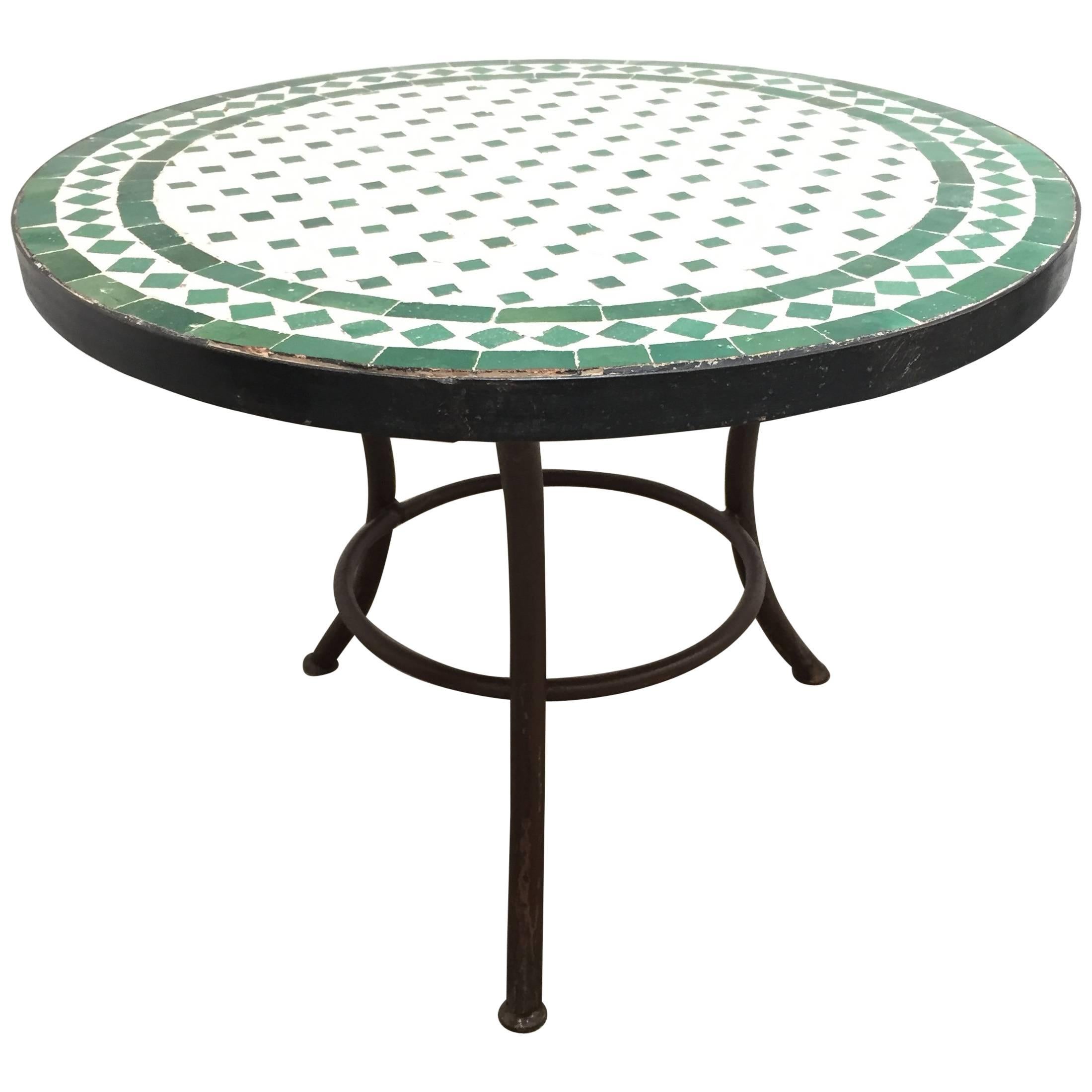 Moroccan Mosaic Tile Outdoor Side Table on Low Iron Base Green and White