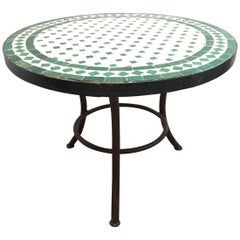 Vintage Moroccan Mosaic Tile Outdoor Side Table on Low Iron Base Green and White