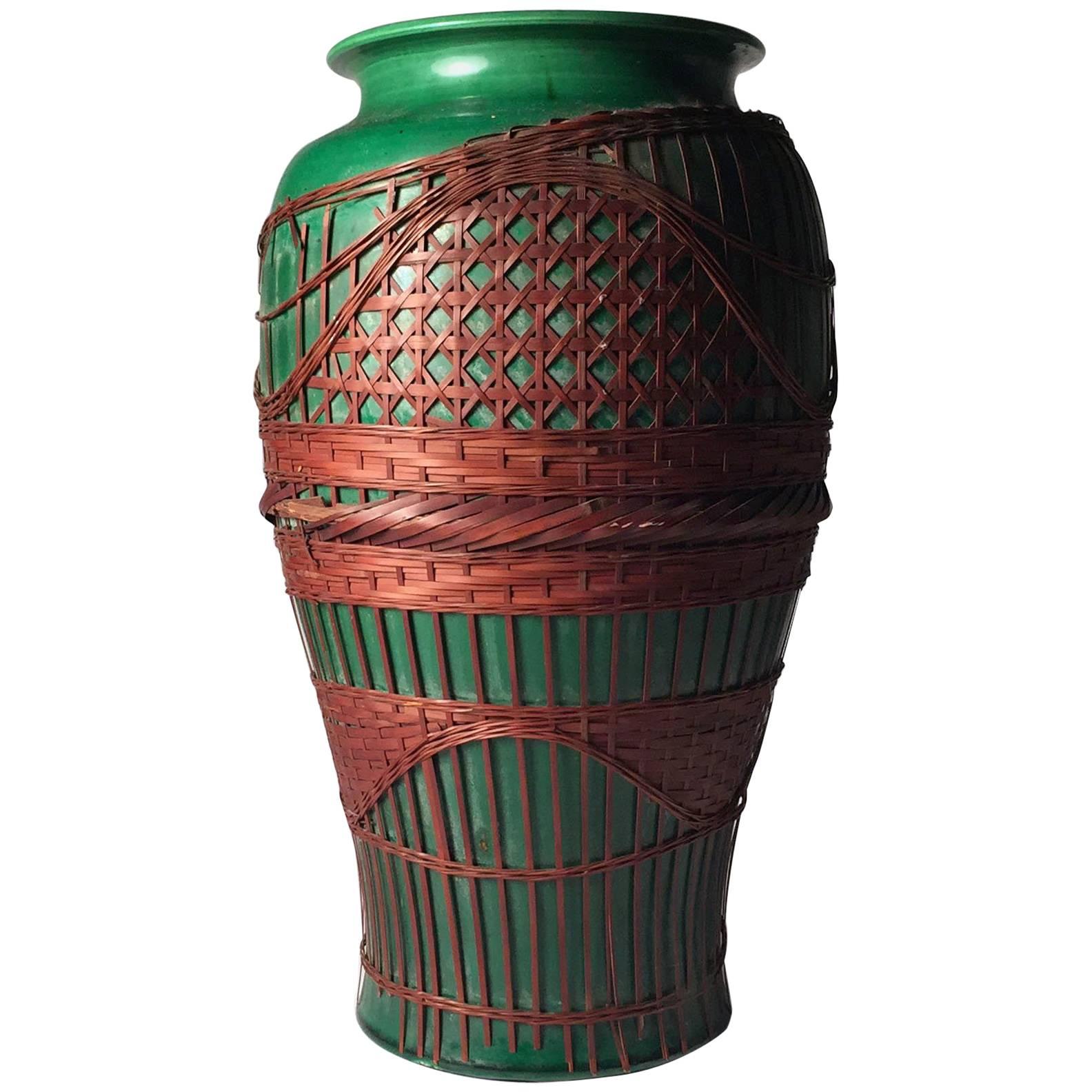 Large Awaji Art Nouveau Ceramic Form Vase with Bamboo Weaving Design