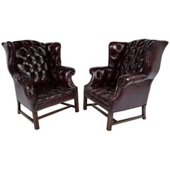 Pair of Chesterfield Tufted Leather Wingback Chairs