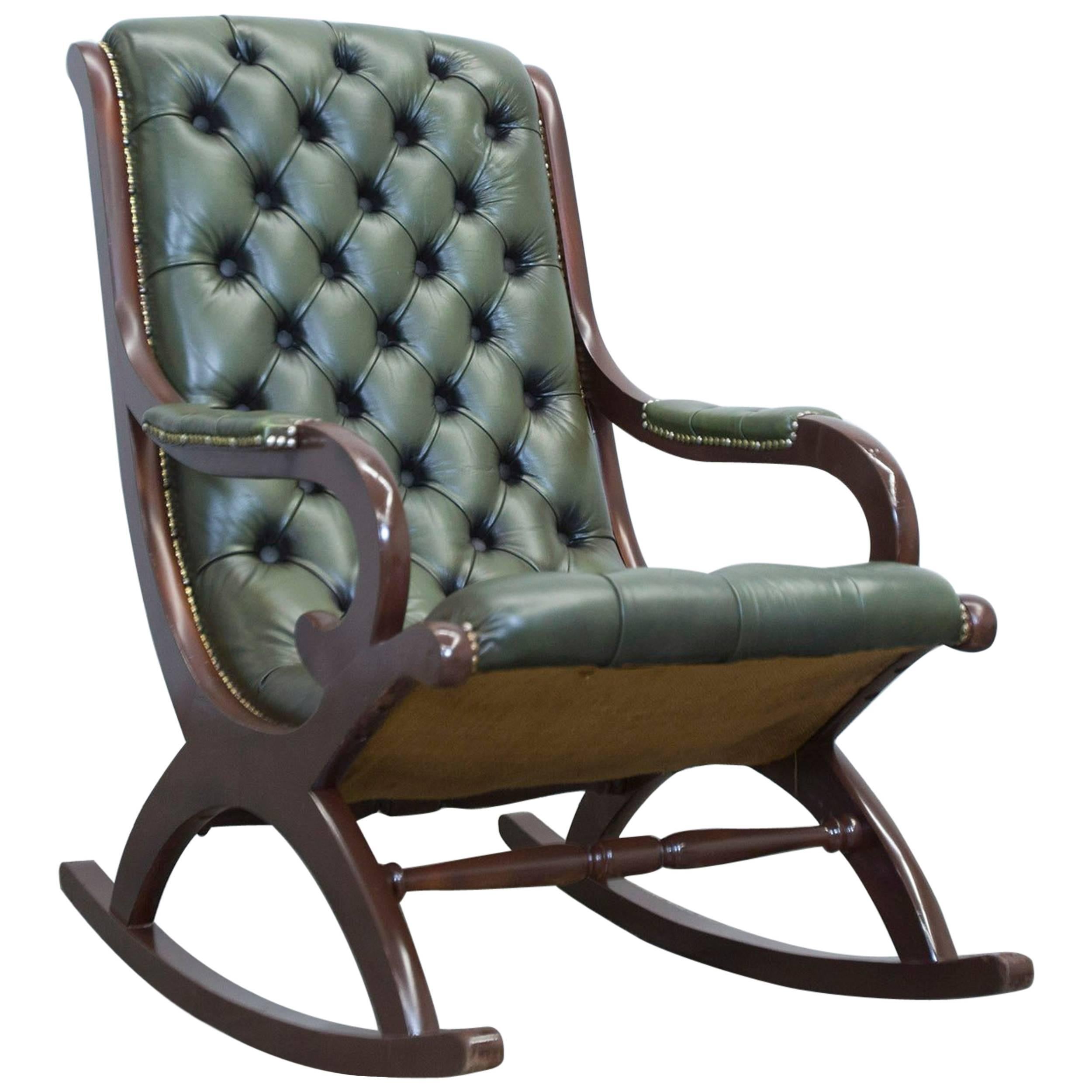 Chesterfield Leather Rockingchair Green Oneseater Chair Vintage Retro Wood