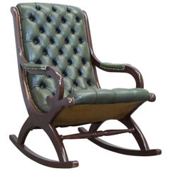 Chesterfield Leather Rockingchair Green Oneseater Chair Vintage Retro Wood