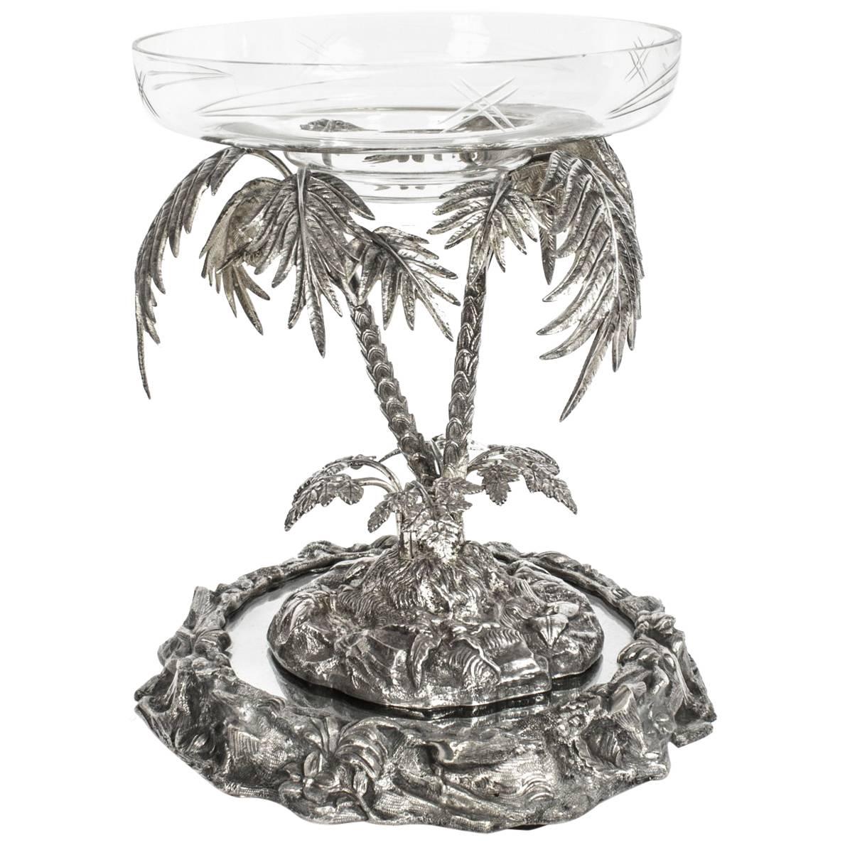 Antique Victorian Silver Plated Palm Tree Centrepiece Mirrored Base, circa 1860