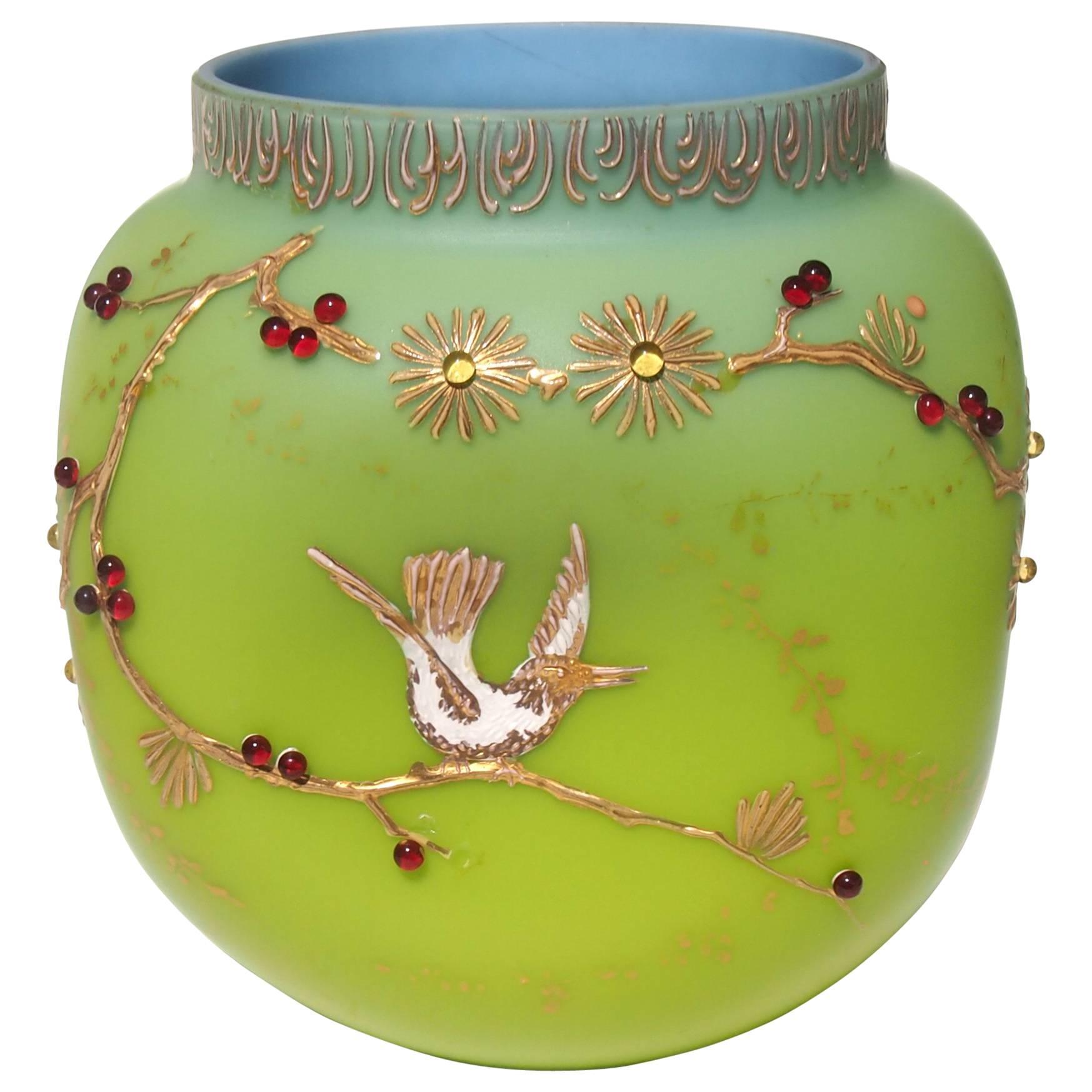 Loetz Victorian Bohemian Alpengruen-(Blue/GreenGlass) Vase Enamelled With Birds For Sale