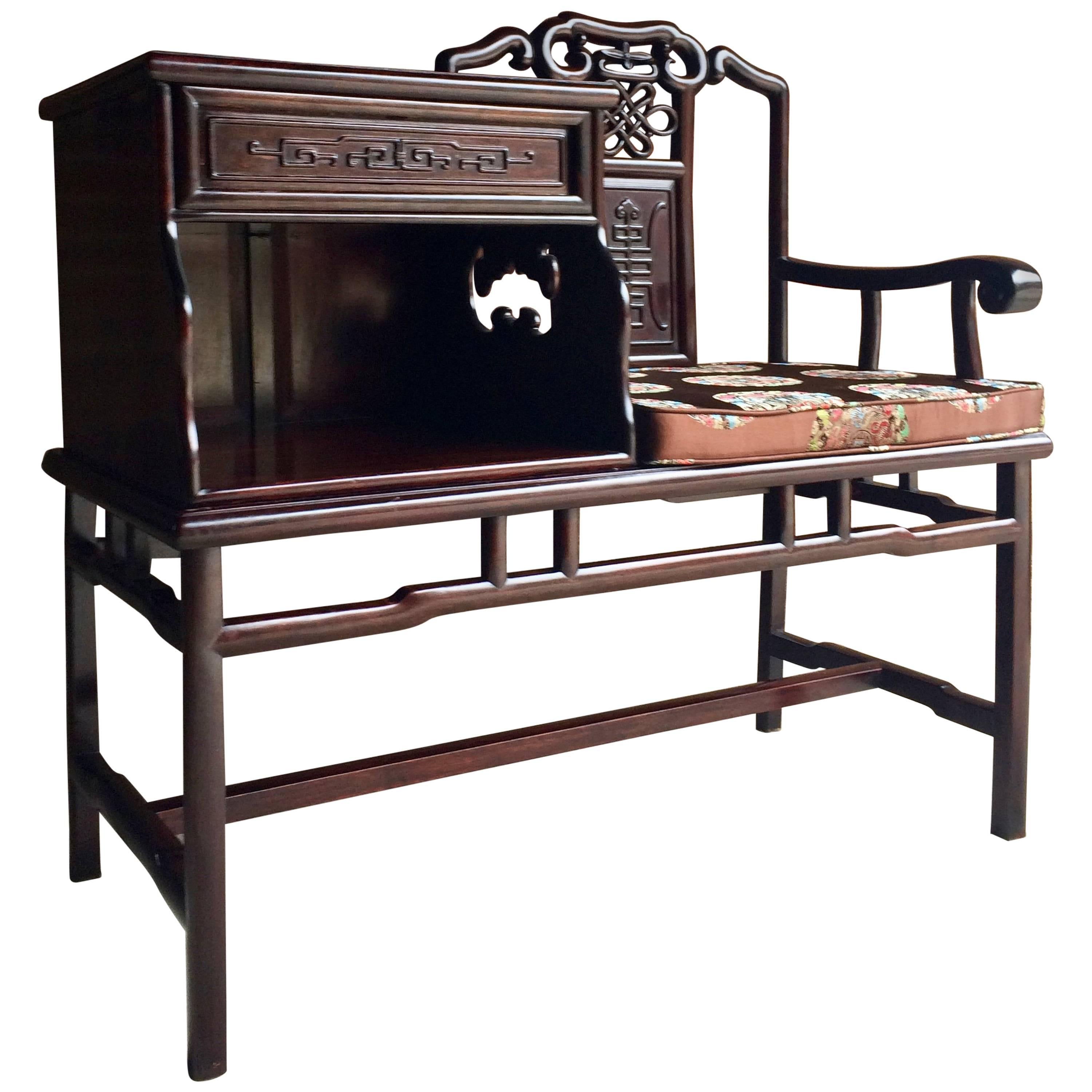 Chinese Telephone Seat Hall Bench Solid Teak Ming Style Silk Cushion