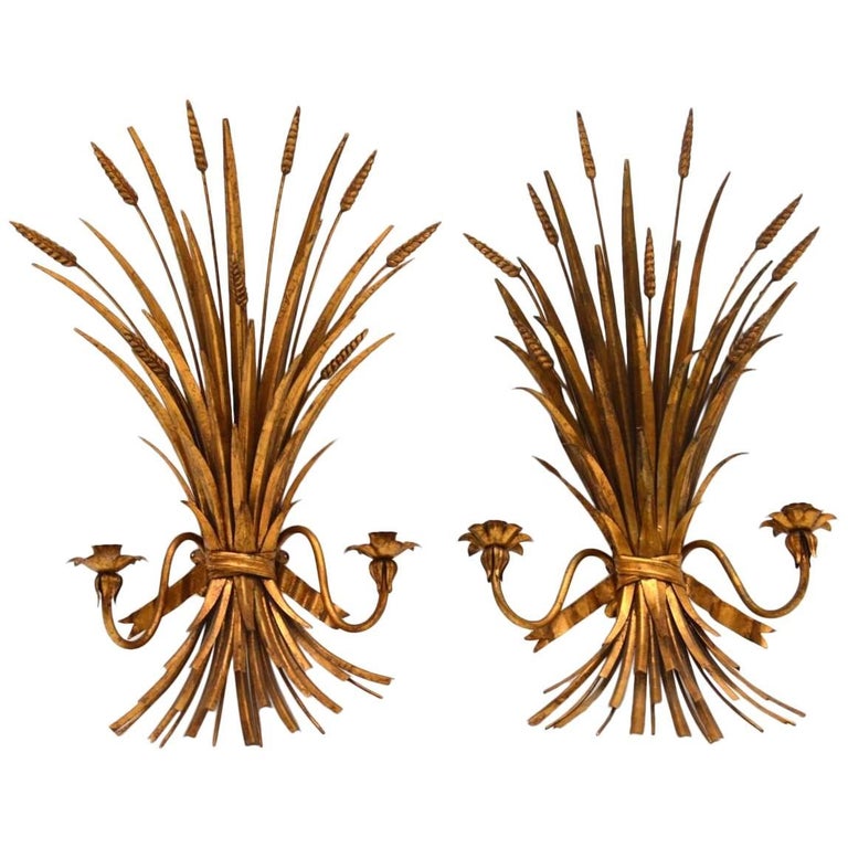 Pair of Italian Gilt Metal Wheat Sheaf Wall Sconces at 1stDibs