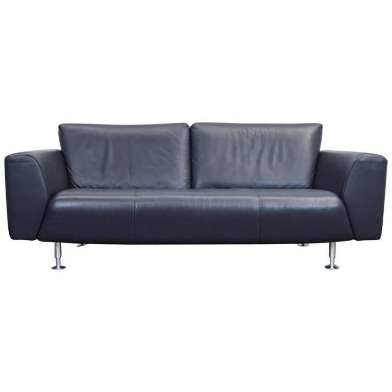 Rolf Benz Designer Leather Sofa Black Blue Three Seat Couch Modern Rolf Benz Designer Leather Sofa Black Blue Three Seat Couch Modern For