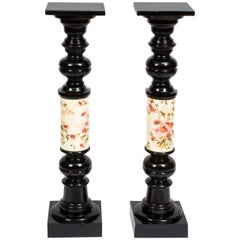 19th Century Pair of Ebonised and Porcelain Pedestals