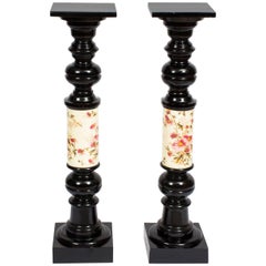 Antique 19th Century Pair of Ebonised and Porcelain Pedestals