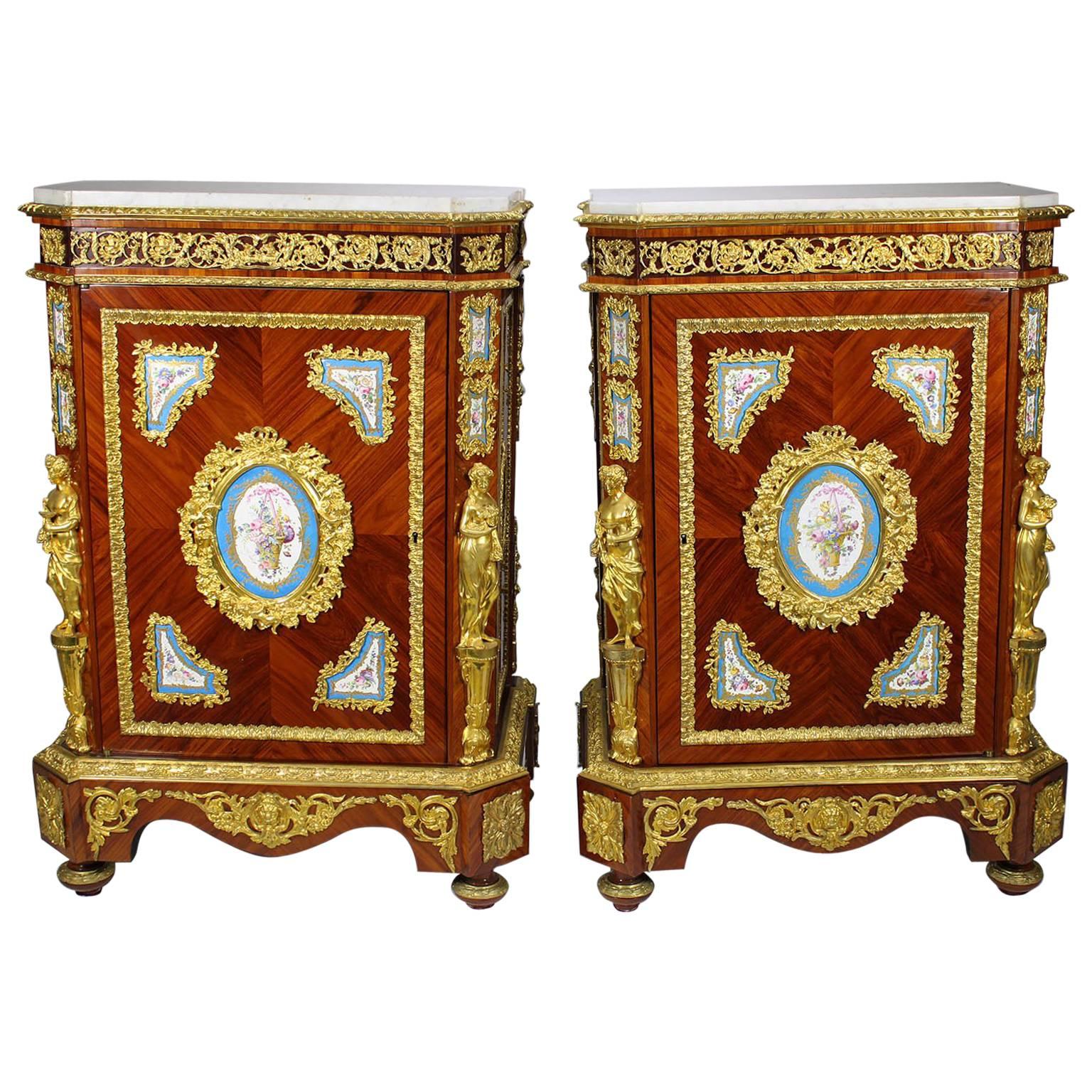 Pair of French Napoleon III Figural Ormolu and Porcelain Mounted Side-Cabinets