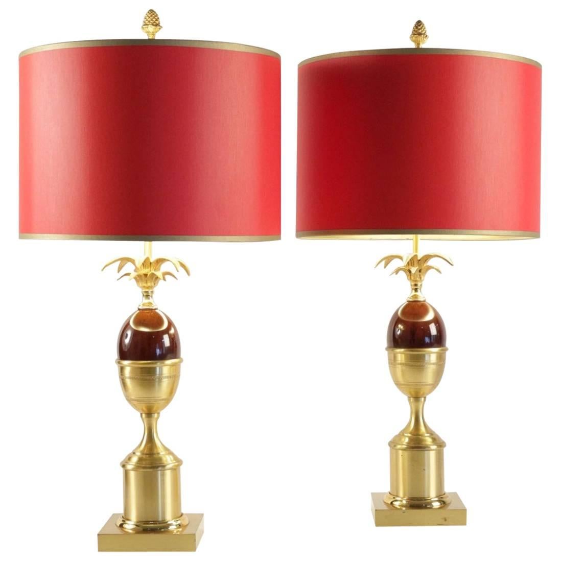 Pair of Lamps, 1960s, Brass and Resin of Red Color in the Taste of Charles