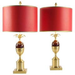 Pair of Lamps, 1960s, Brass and Resin of Red Color in the Taste of Charles
