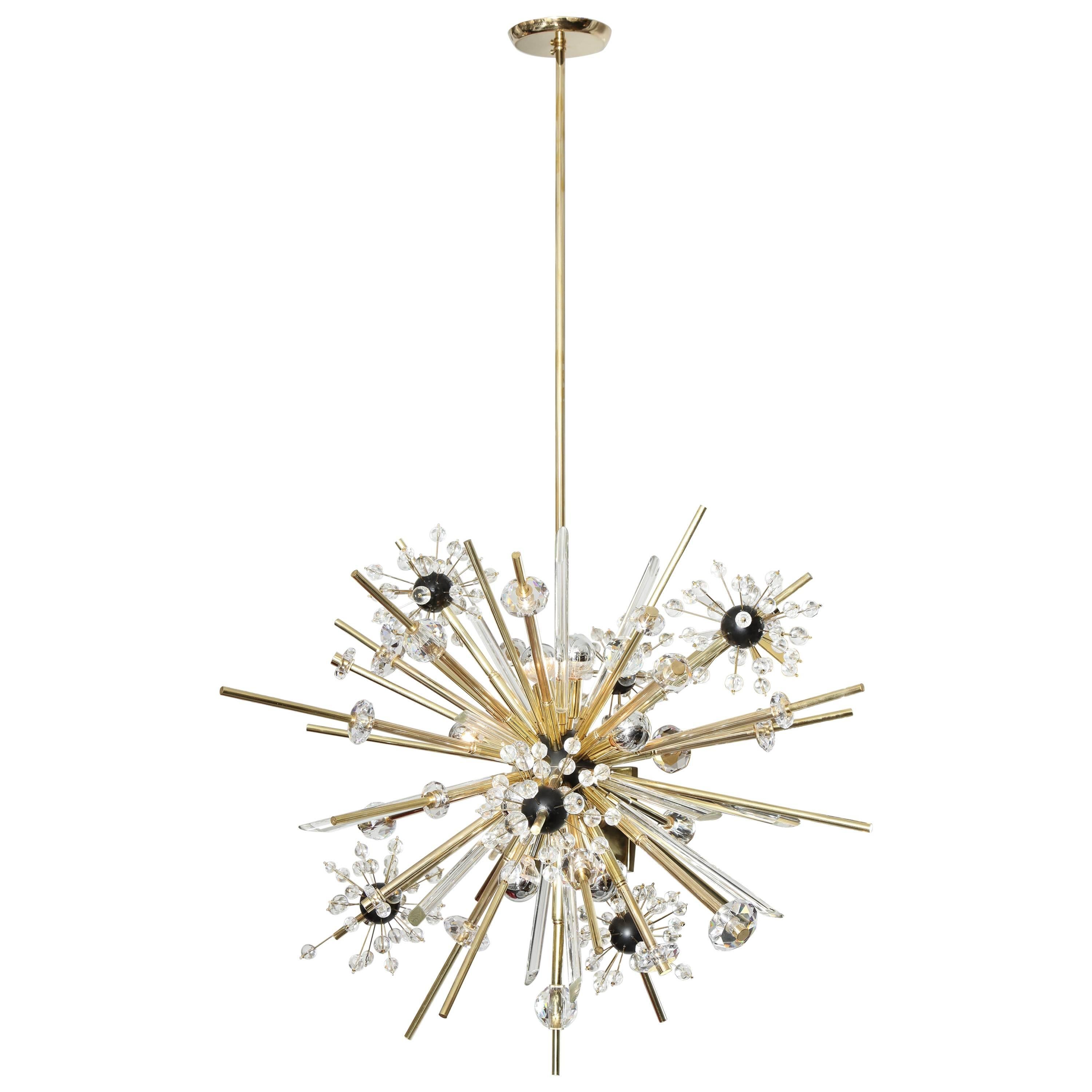 Brass and Austrian Crystal Sputnik Chandelier with Black Centre Spheres