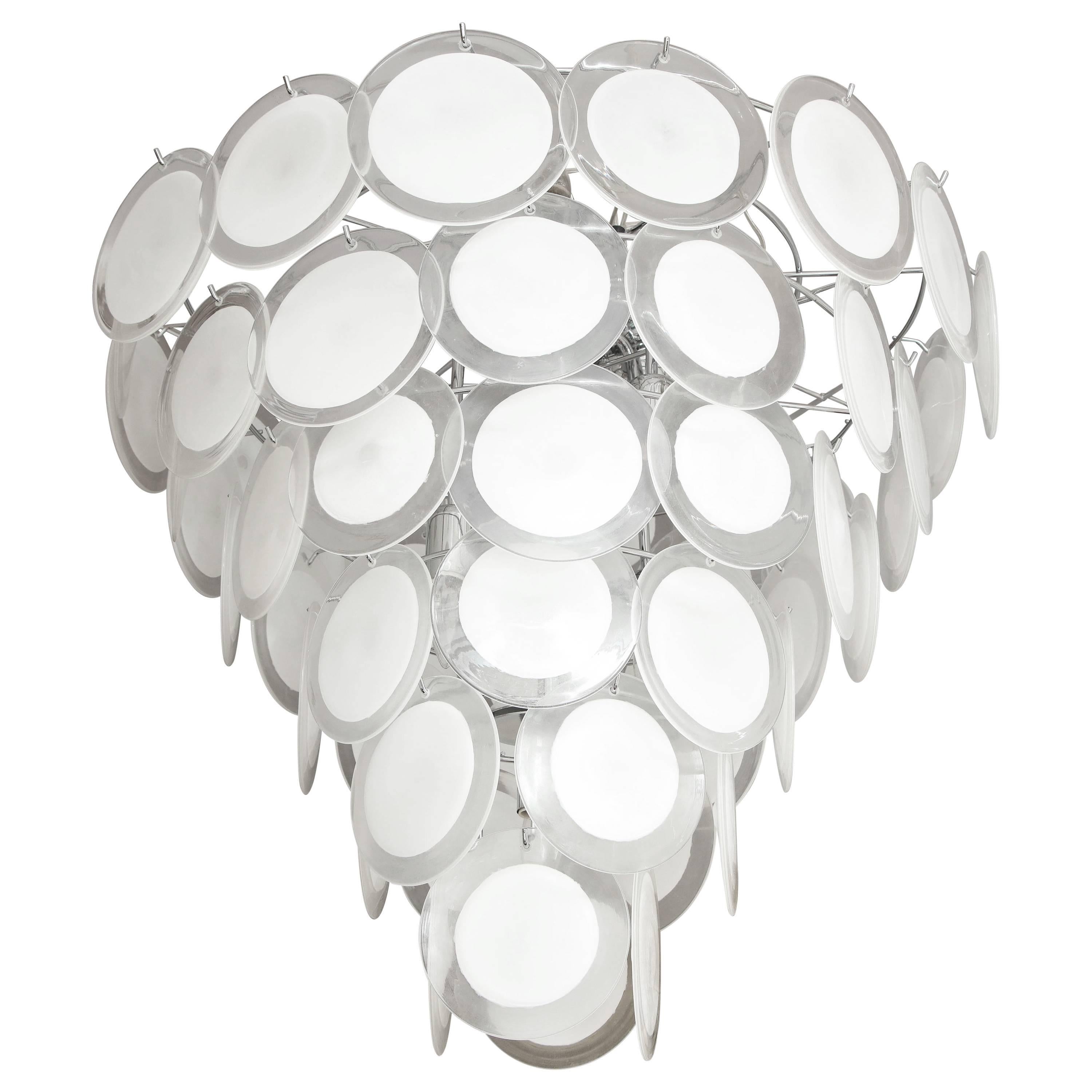 Custom White Murano Glass Disc Tiered Chandelier