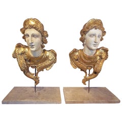 Large Pair of Carved Classical Giltwood Busts on Marble Bases