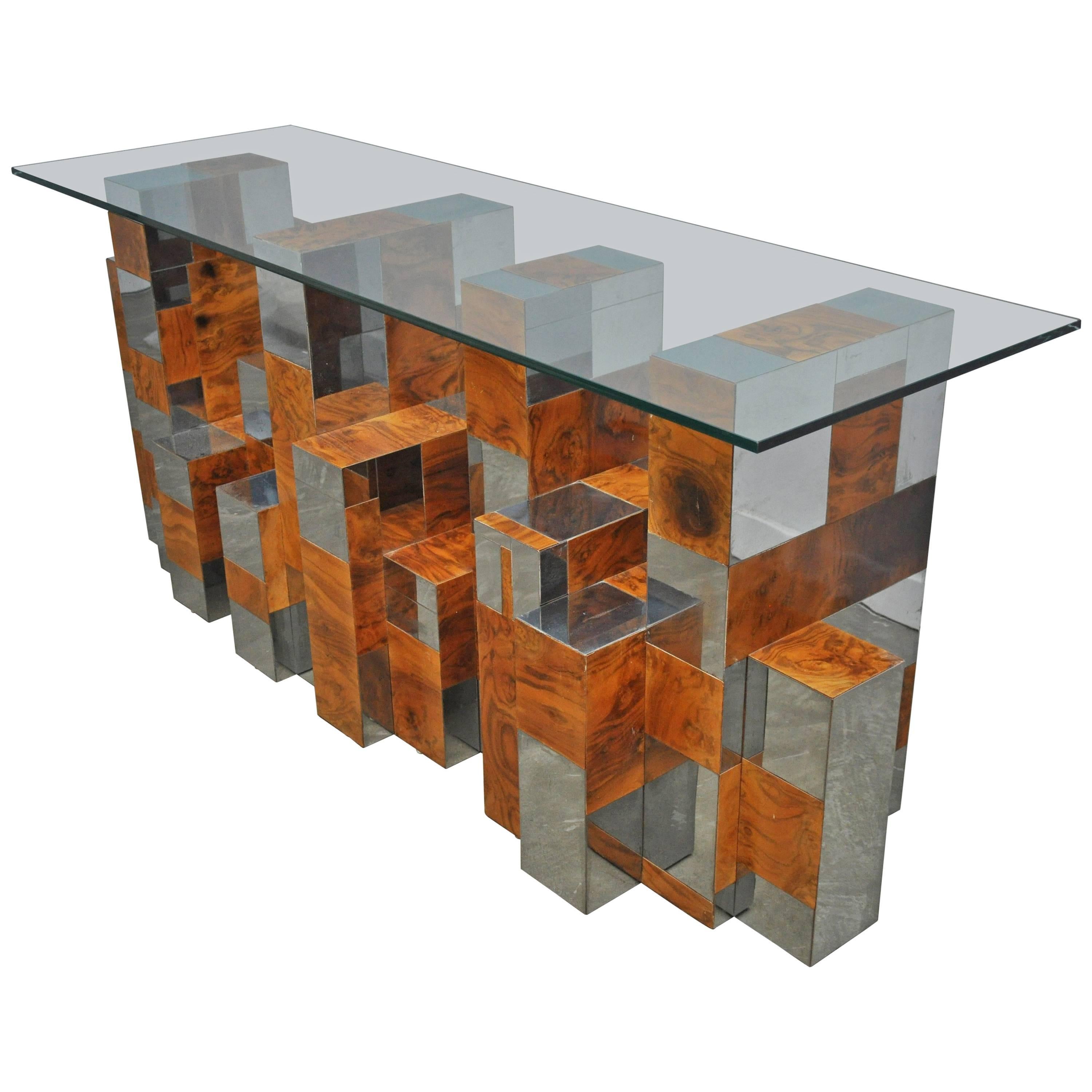 Paul Evans "Cityscape Series" Burl Wood and Chrome Console Table