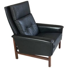 1960s-1970s Danish Mid-Century Black Leather High Back Armchair