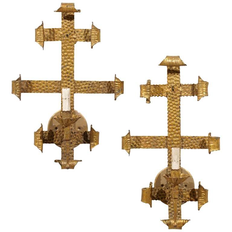 Pair of French Gilt and Hammered Metal Sconces from the 20th Century, Rewired