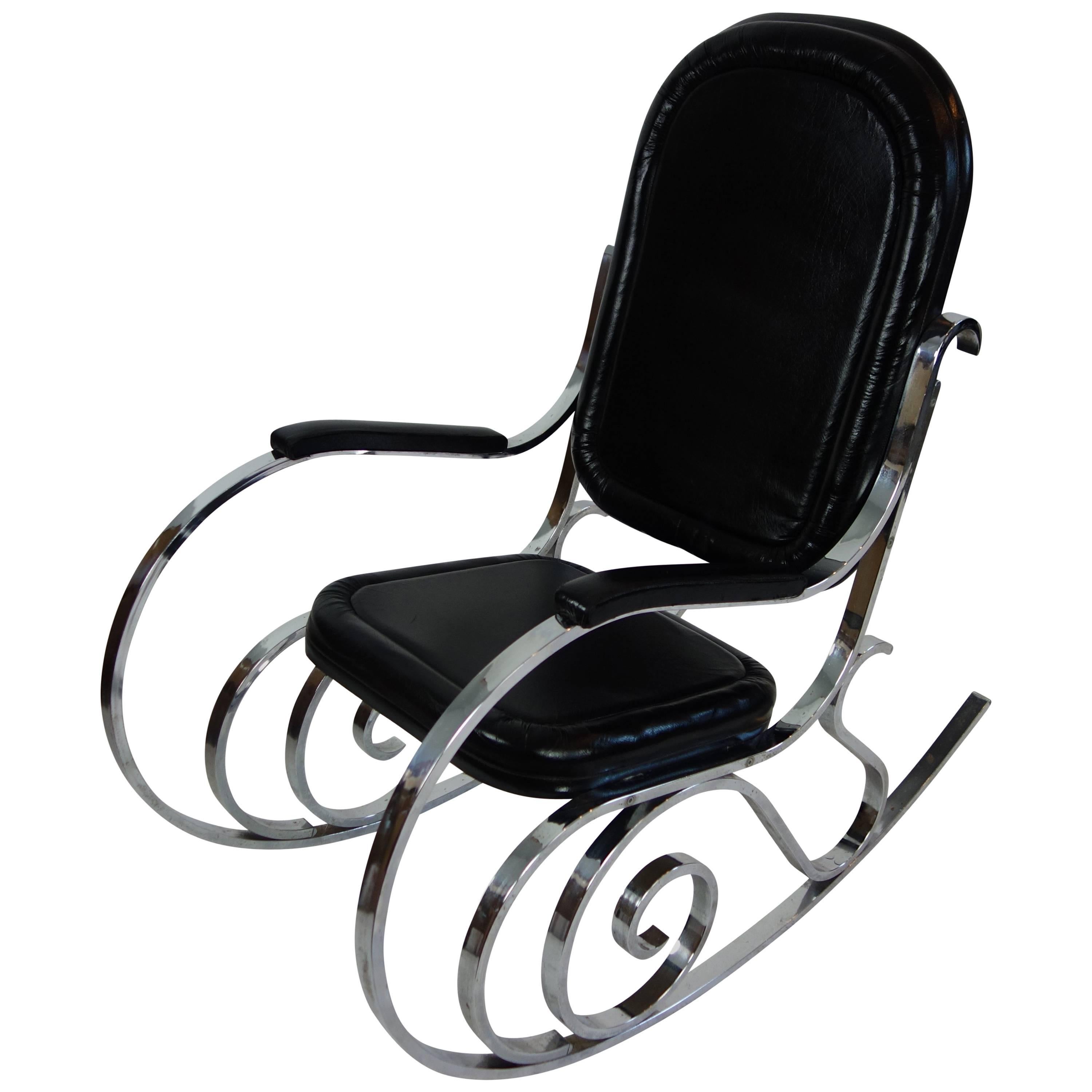 Maison Jansen Black Leather Rocking Chair For Sale