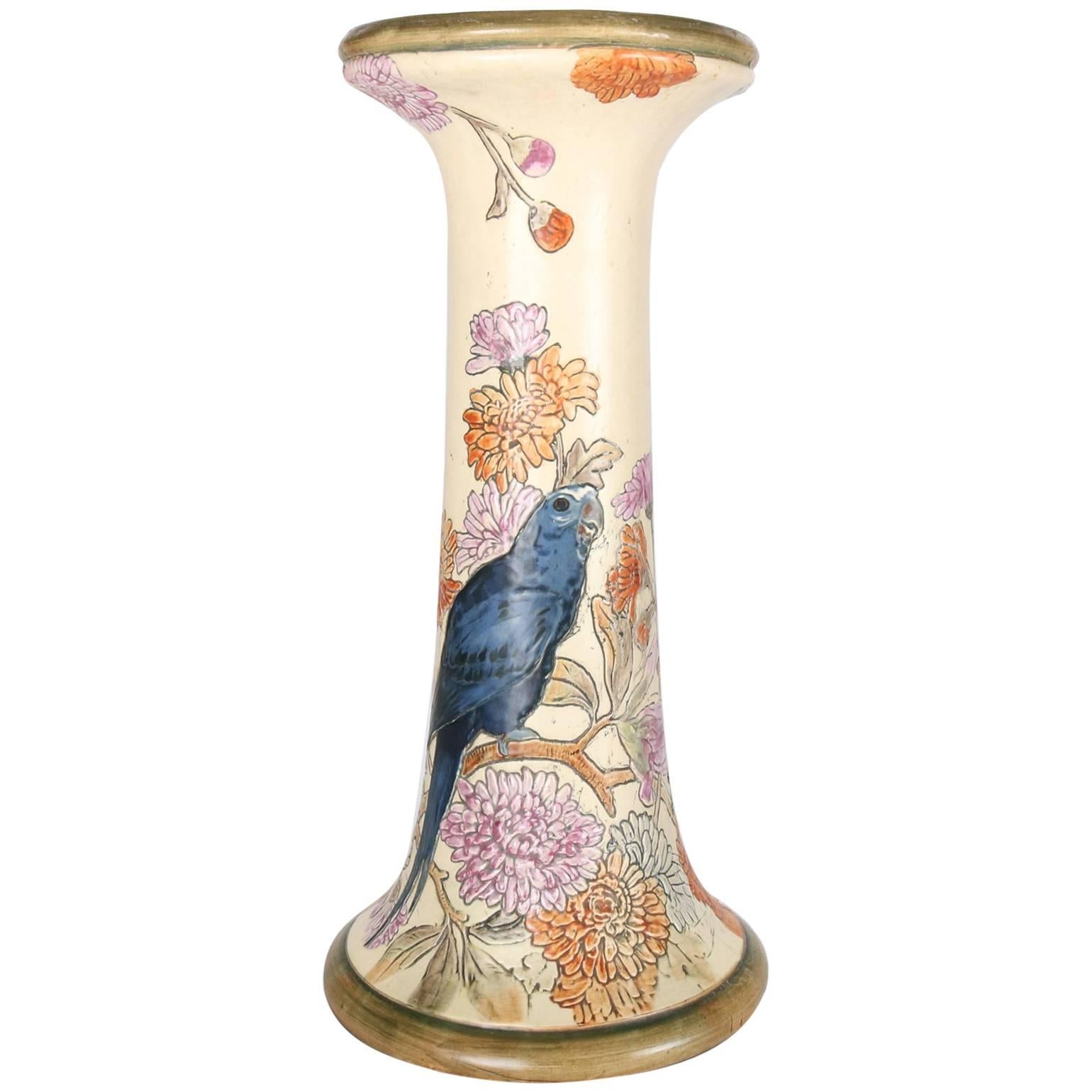 Antique Gilt & Painted Weller Pottery Pedestal Bird & Floral Motif, 19th Century