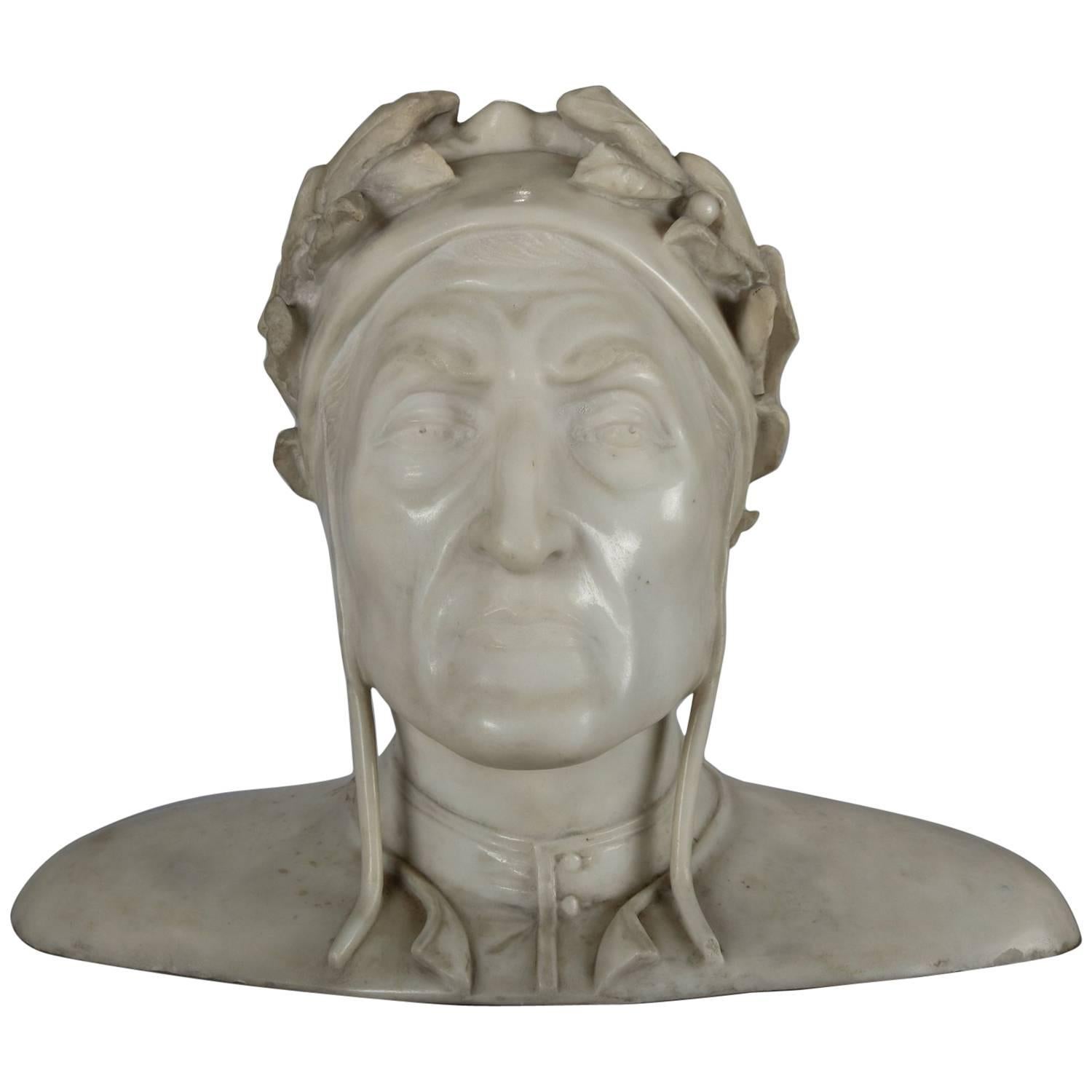 Antique Italian Hand-Carved Marble Sculpture Bust of Dante Alighieri