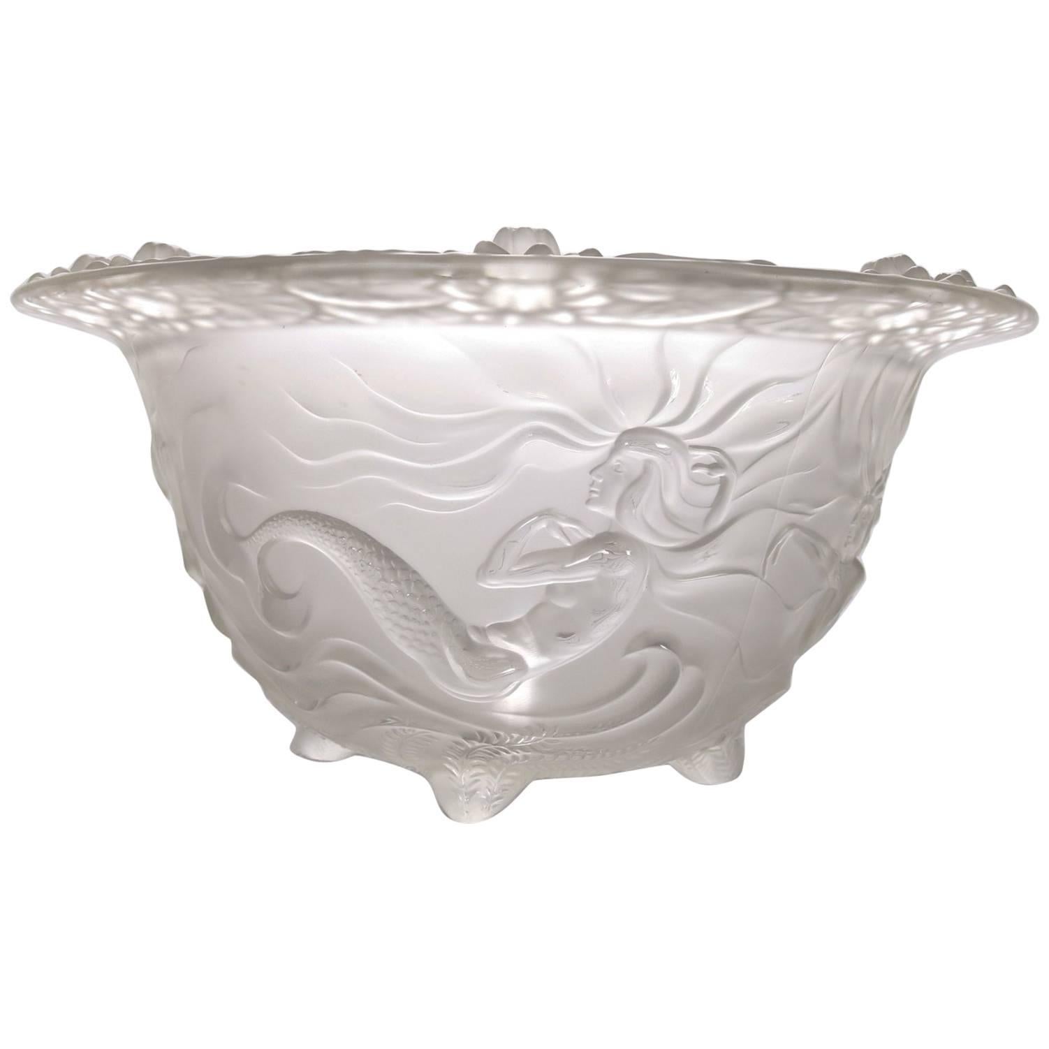 Lalique School Art Nouveau Frosted Crystal Mermaid Footed Console Bowl