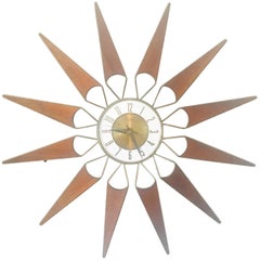Used Elgin Brass and Teak Sunburst Clock, circa 1950