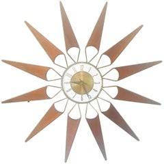 Retro Elgin Brass and Teak Sunburst Clock, circa 1950