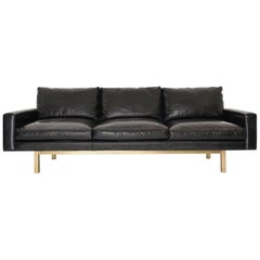 Contemporary Medium Standard Sofa in Black Leather with Brass Base