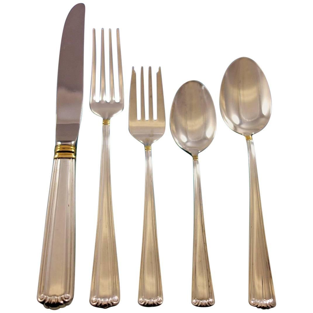 Embassy Scroll Gold by Lunt Sterling Silver Flatware Set Service 60 Pcs Dinner For Sale