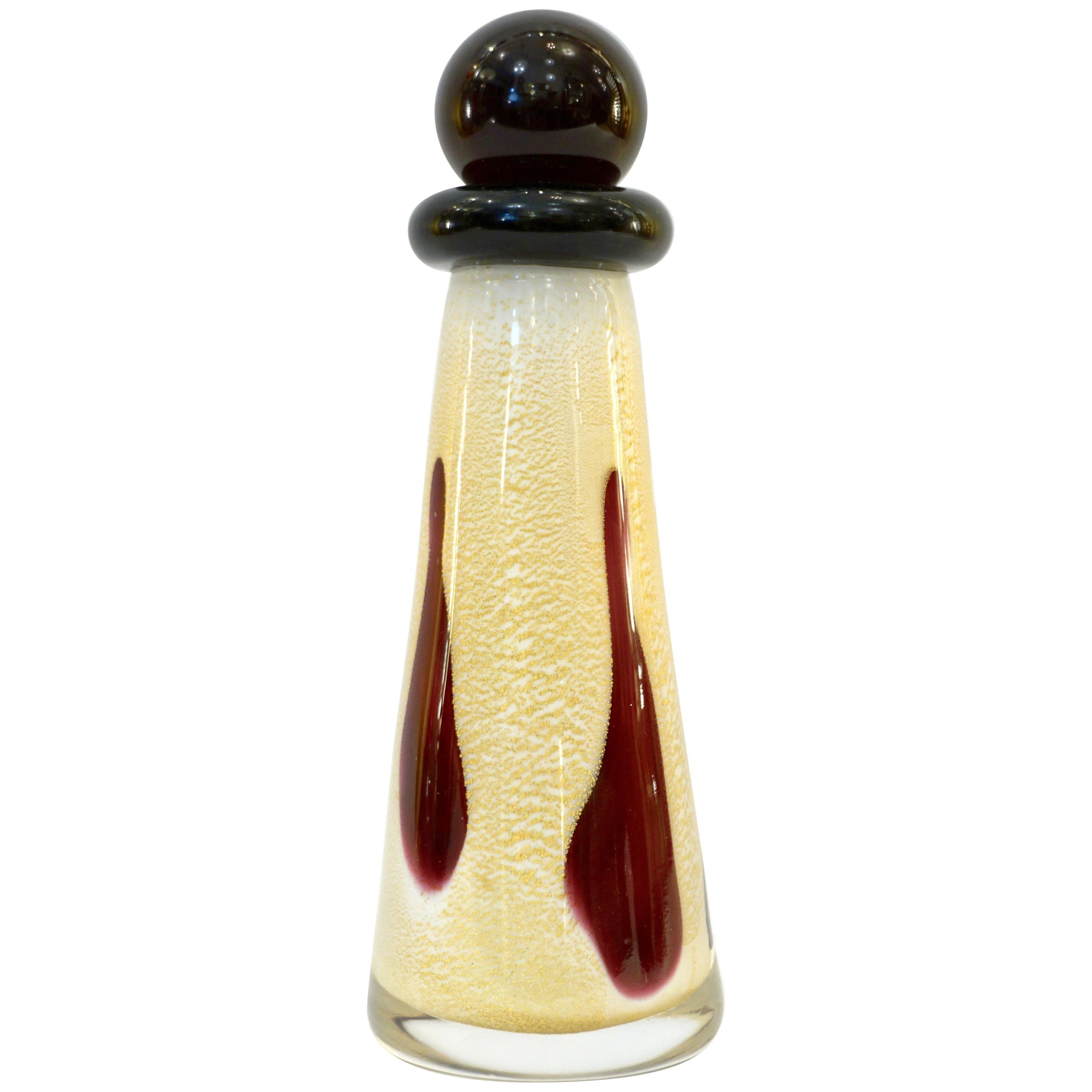 1980 Italian Ivory Gold Black and Burgundy Red Murano Glass Perfume Bottle