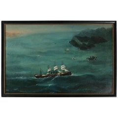 Antique Nautical Oil on Canvas Chinese Seascape Trade Painting of Sailing Ships