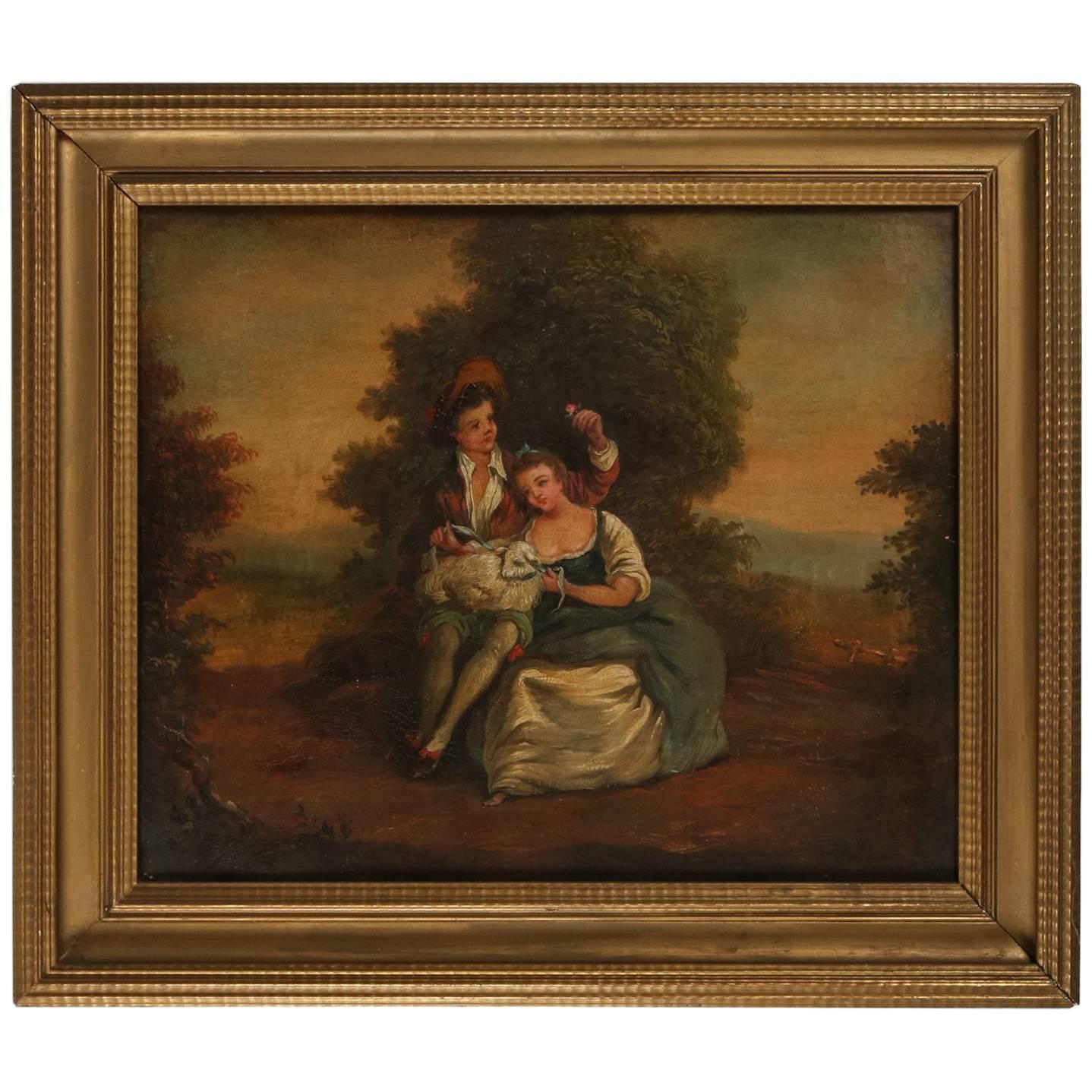 Antique English Oil on Canvas Painting of Landscape, Courting Couple, circa 1880