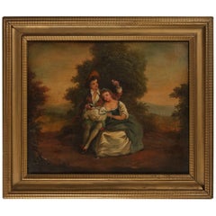Antique English Oil on Canvas Painting of Landscape, Courting Couple, circa 1880
